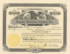 Tungsten Production Co., Inc. - Chemical Element Stock Certificate