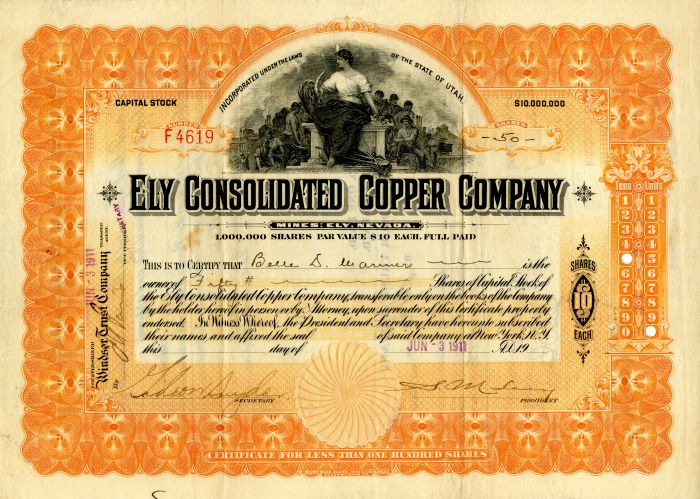 Ely Consolidated Copper Co. - Stock Certificate