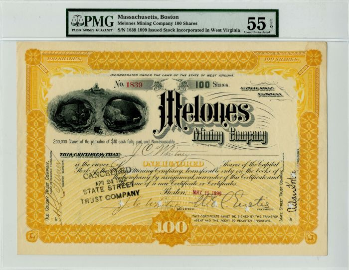 Melones Mining Co. - 1899 dated California and West Virginia Mining Stock Certificate - PMG Graded 55 About Uncirculated EPQ