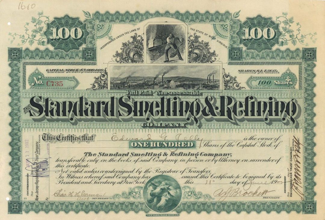 Standard Smelting and Refining Co. - 1902 dated Mining Stock Certificate