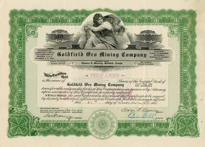 Goldfield Oro Mining Co. - Stock Certificate
