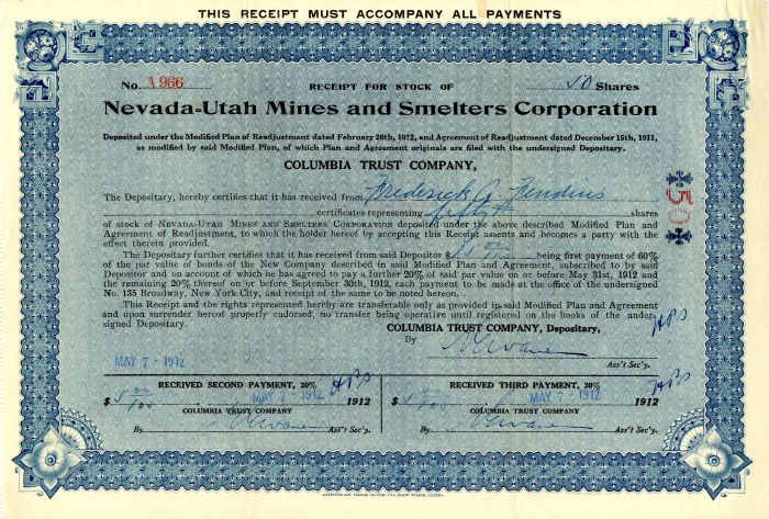 Nevada-Utah Mines and Smelters Corp. - 1912 dated Mining Stock Certificate