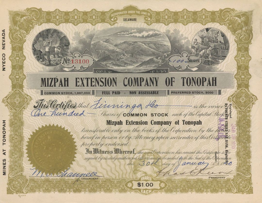 Mizpah Extension Co. of Tonopah - Stock Certificate