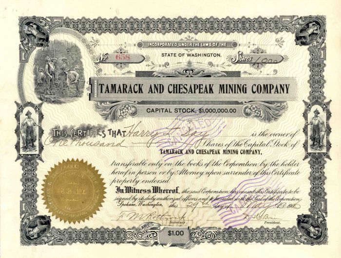 Tamarack and Chesapeak Mining Co. - Mining Stock Certificate