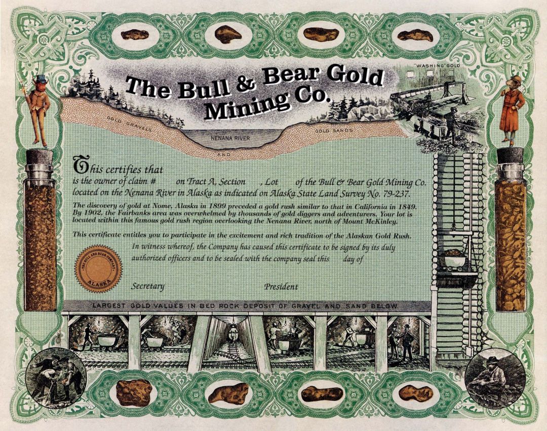 Bull and Bear Gold Mining Co. - circa 1990's Unissued Alaska Mining Stock Certificate - Nenana River, Alaska