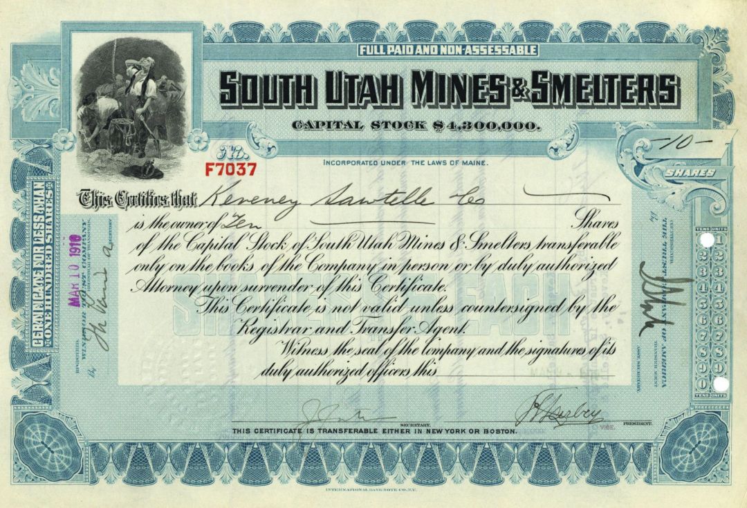 South Utah Mines and Smelters - Mining Stock Certificate