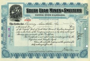 South Utah Mines and Smelters - Mining Stock Certificate