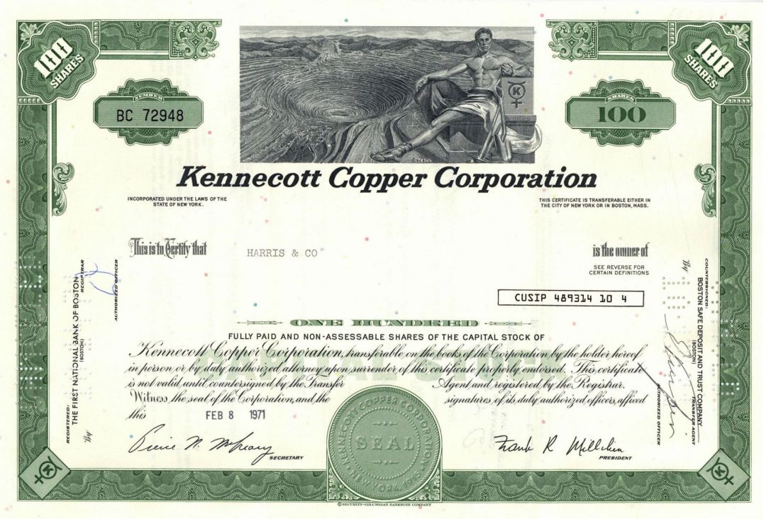 Kennecott Copper Corporation - dated 1960's-70's Utah Mining Stock Certificate