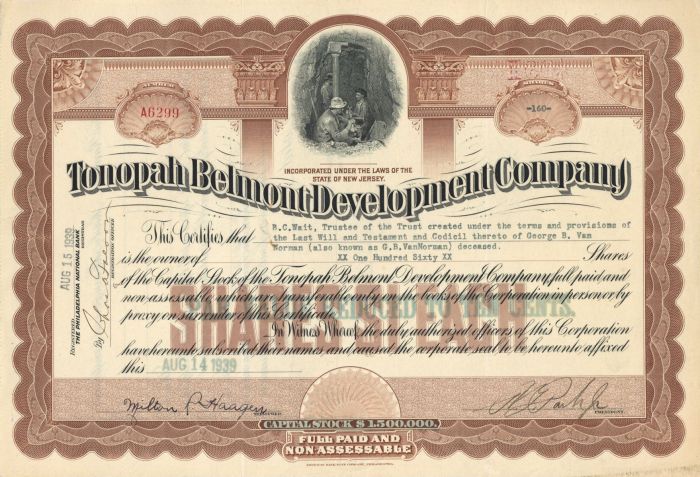 Tonopah Belmont Development Co. - Stock Certificate