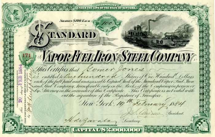 Standard Vapor Fuel Iron and Steel Co. - Stock Certificate