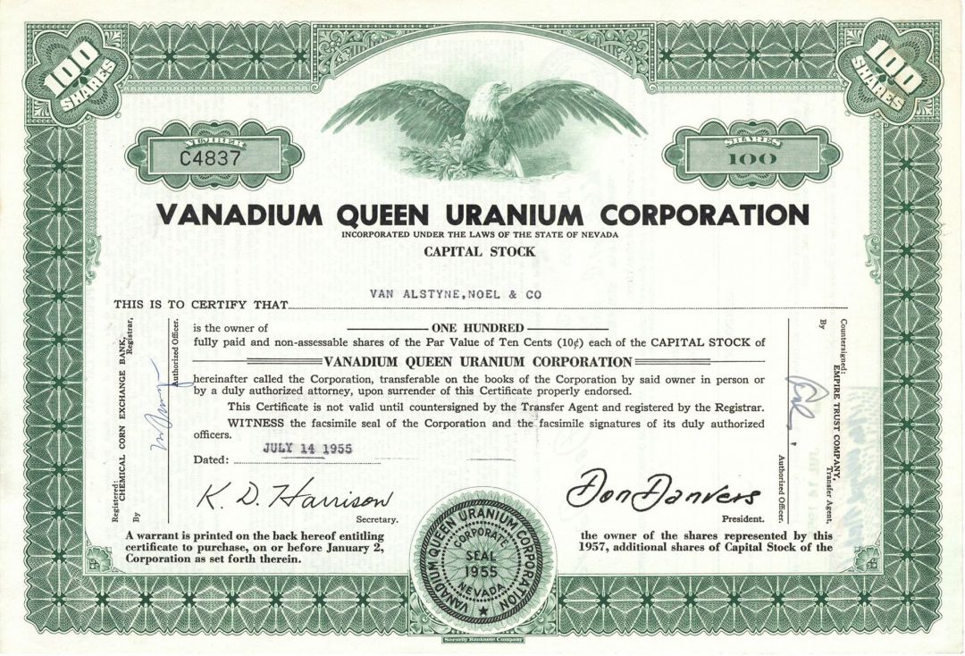 Vanadium Queen Uranium Corp. - 1955- 1959 Stock Certificate