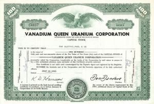 Vanadium Queen Uranium Corp. - 1955- 1959 Stock Certificate