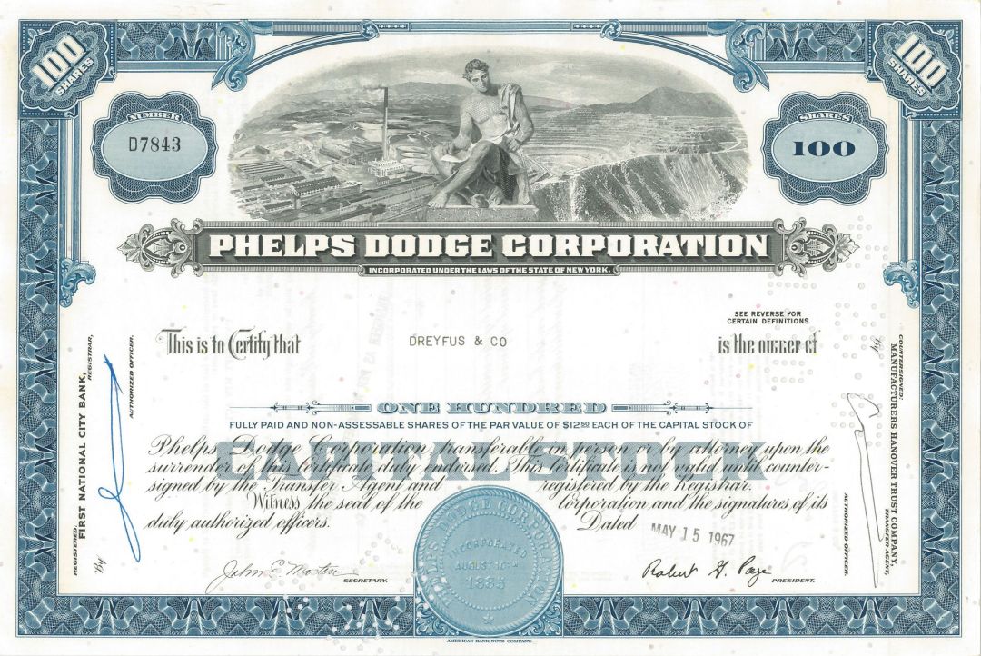 Phelps Dodge Corp. - Famous Mining Company Stock Certificate dated 1941-52