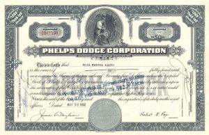 Phelps Dodge Corp. - Famous Mining Company Stock Certificate dated 1941-52