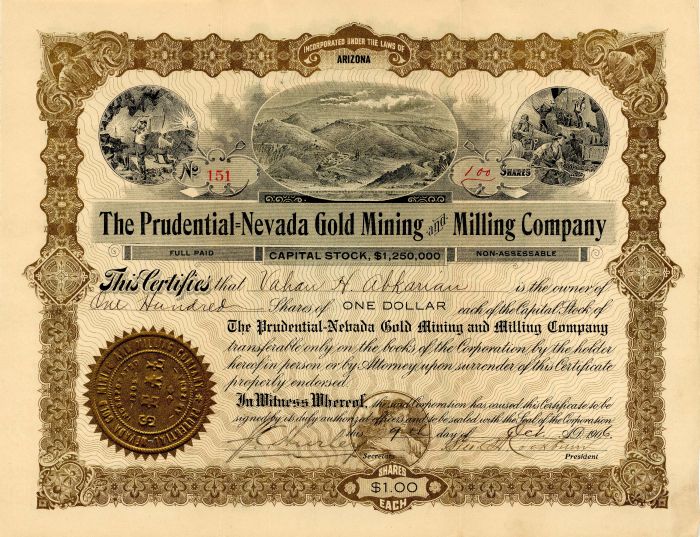 Prudential=Nevada Gold Mining and Milling Co. - Stock Certificate