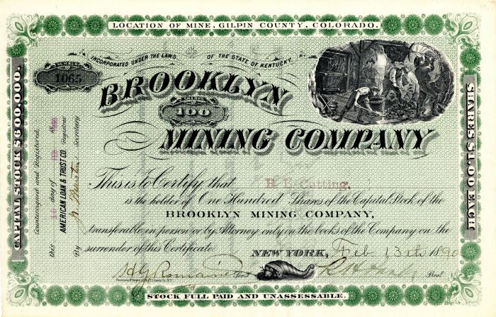 Brooklyn Mining Co. - 1890 dated Colorado Mining Stock Certificate