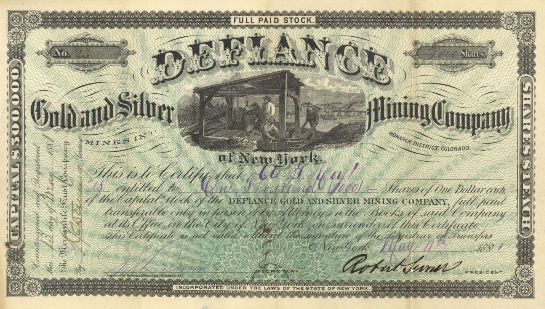 Defiance Gold and Silver Mining Co. - 1881 dated Colorado Mining Stock Certificate - Light Staining