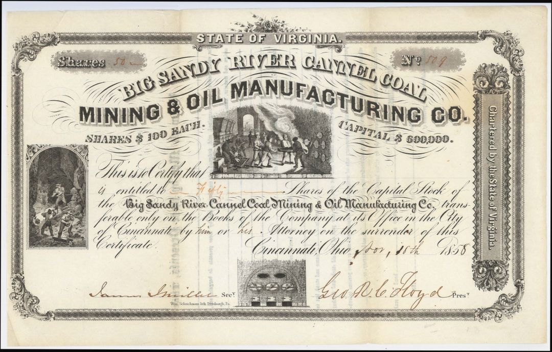 Big Sandy River Cannel Coal Mining and Oil Manufacturing Co. - 1858 dated Mining and Oil Stock Certificate - Ohio and Virginia