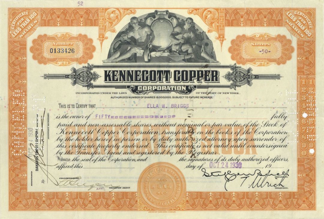 Kennecott Copper Corporation - Utah Mining Stock Certificate
