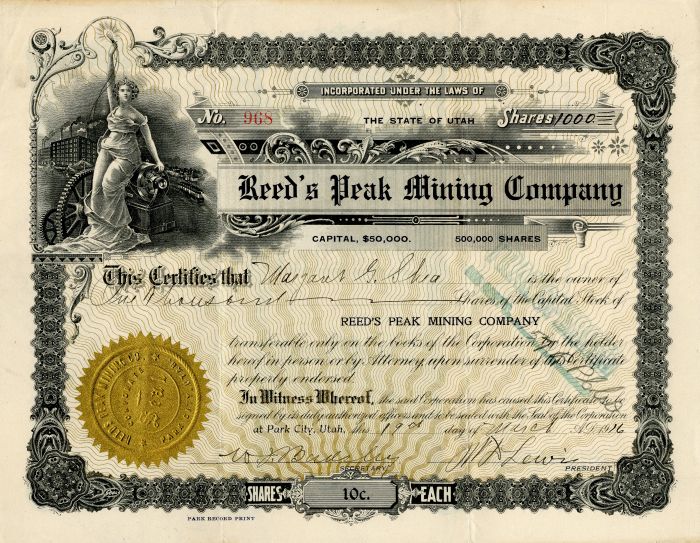 Reed's Peak Mining Co. - Stock Certificate