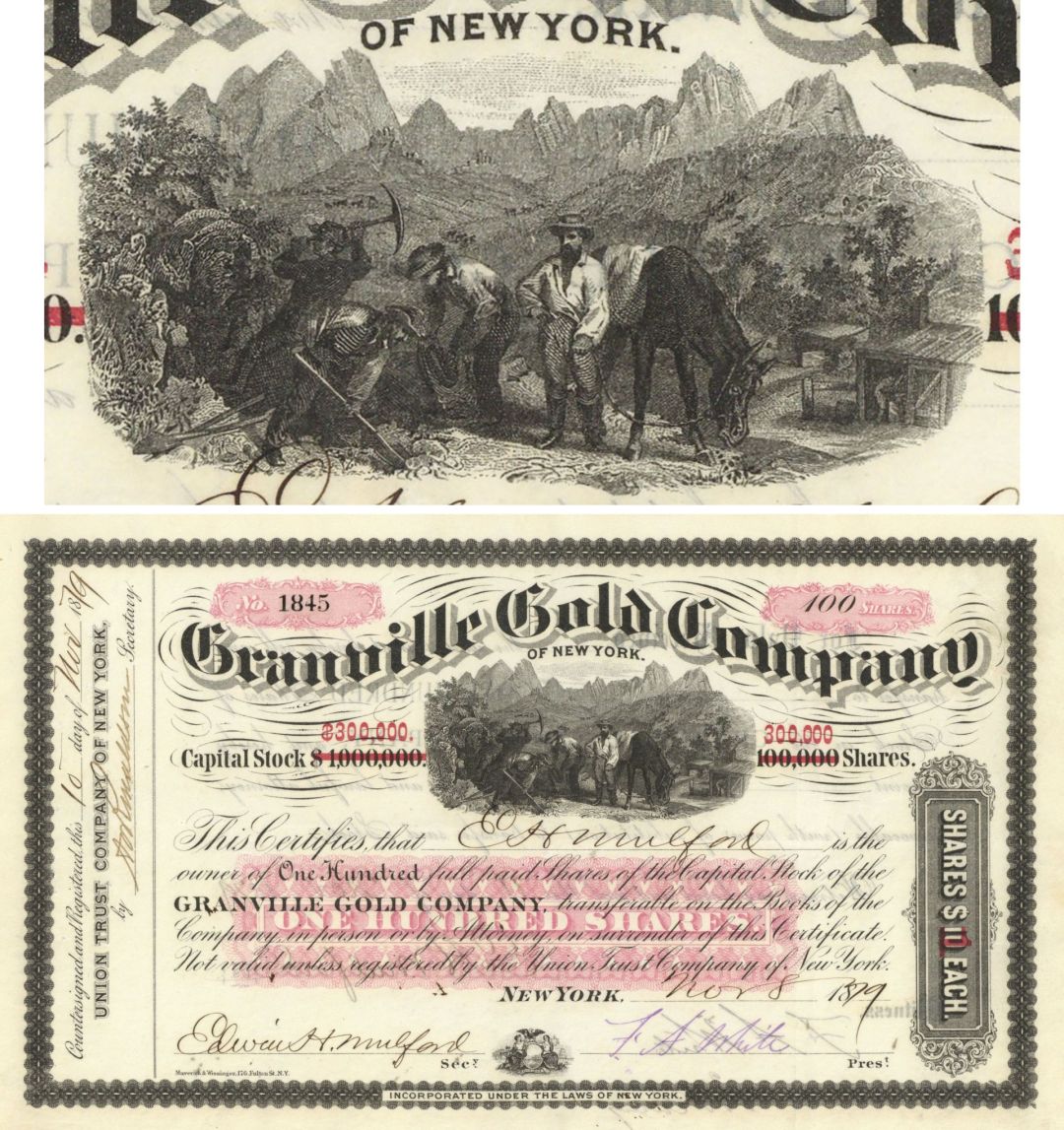 Granville Gold Co. - Beautiful Pink Underprint - 1879 dated North Carolina and New York Mining Stock Certificate