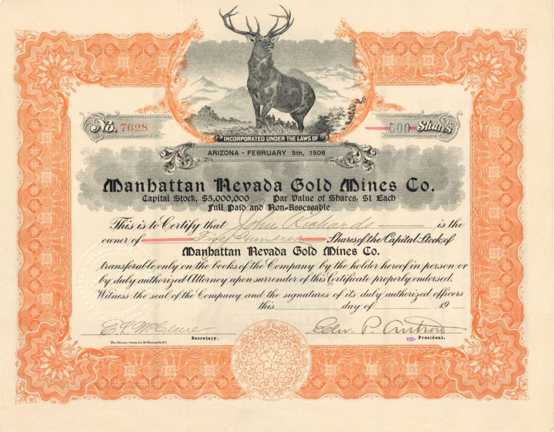 Manhattan Nevada Gold Mines Co. - 1906 or 1908 dated Stock Certificate