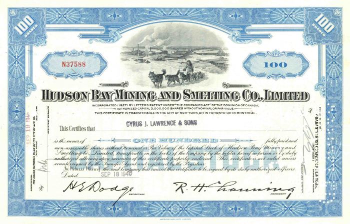 Hudson Bay Mining and Smelting Co., Limited - Canadian Mining Stock Certificate