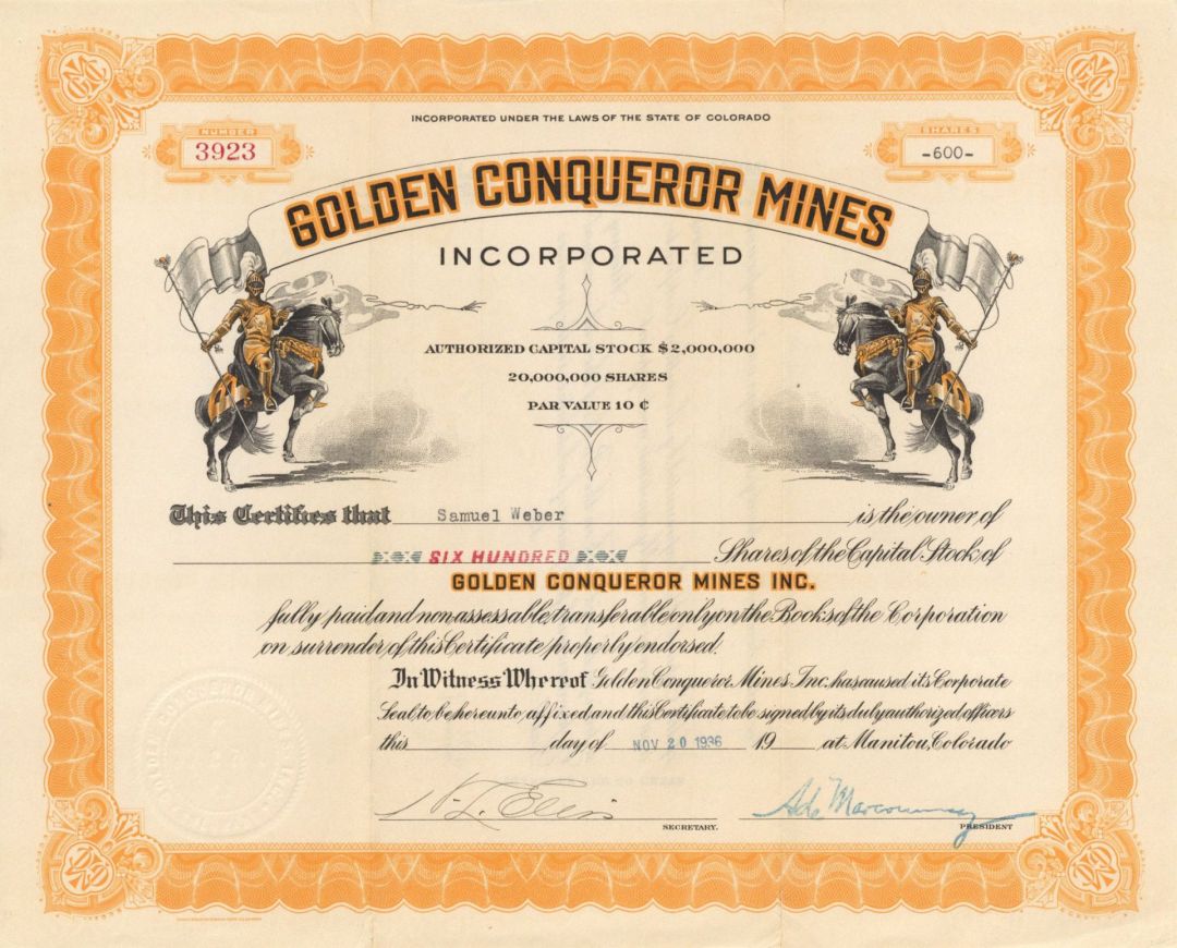Golden Conqueror Mines Incorp. - 1936 or 1939 dated Stock Certificate
