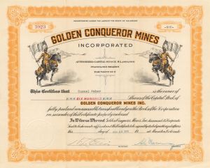 Golden Conqueror Mines Incorp. - 1936 or 1939 dated Stock Certificate