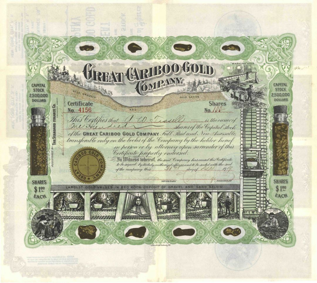 Great Cariboo Gold Co. - 1909 dated South Dakota Gold Mining Stock Certificate - Fantastic Artwork