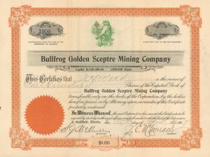 Bullfrog Golden Sceptre Mining Co. - 1906 or 1907 Stock Certificate