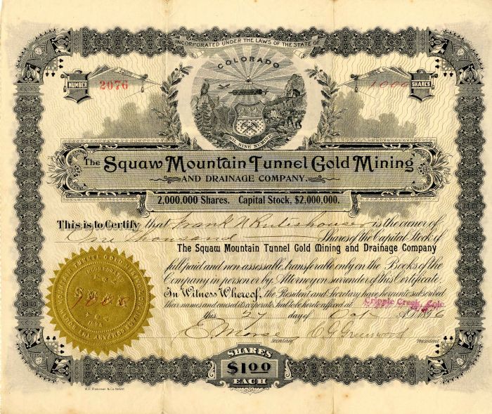 Squaw Mountain Tunnel Gold Mining and Drainage Co. - Stock Certificate