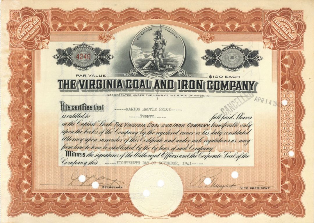 Virginia Coal and Iron Co. - 1923-51 dated Mining Stock Certificate