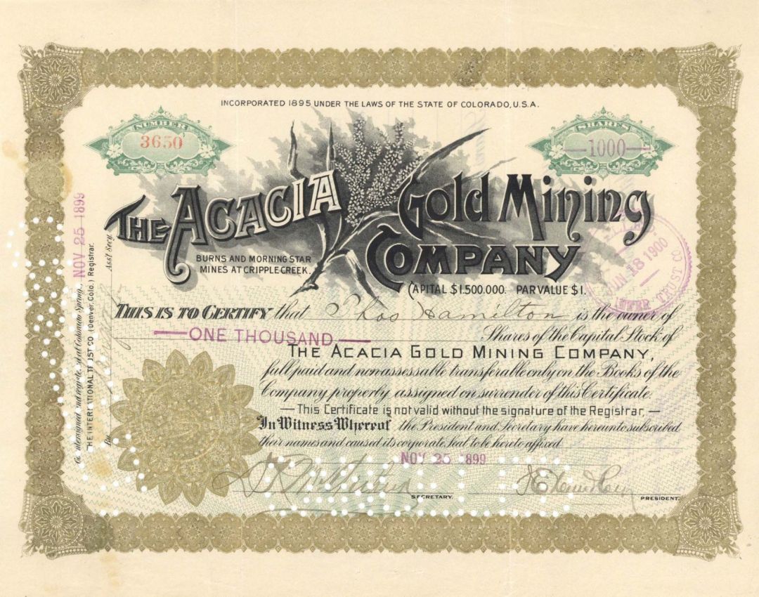 Acacia Gold Mining Co. - 1899 or 1911 dated Stock Certificate