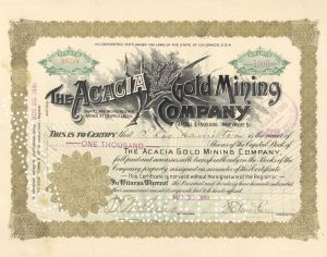 Acacia Gold Mining Co. - 1899 or 1911 dated Stock Certificate