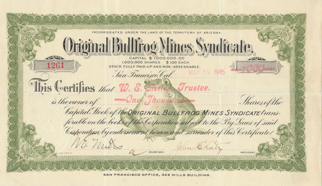 Original Bullfrog Mines Syndicate - 1905 dated Arizona and Nevada Mining Stock Certificate