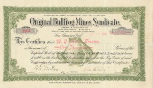 Original Bullfrog Mines Syndicate - 1905 dated Arizona and Nevada Mining Stock Certificate