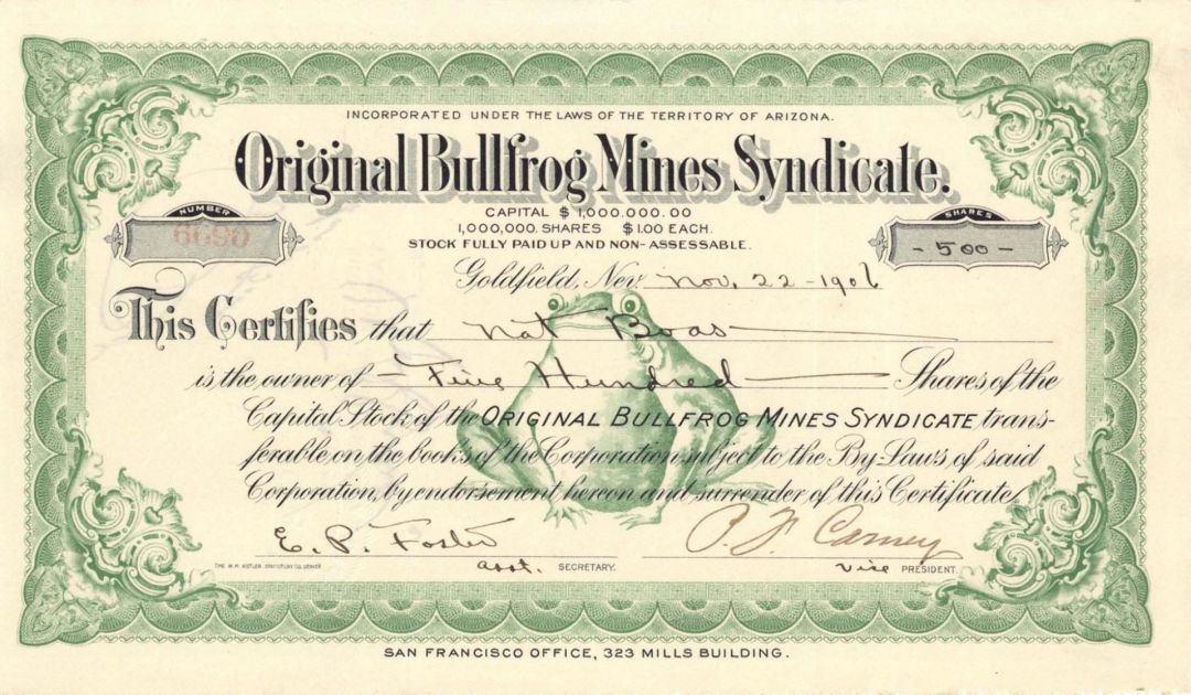 Original Bullfrog Mines Syndicate - 1906 dated Arizona and Nevada Mining Stock Certificate