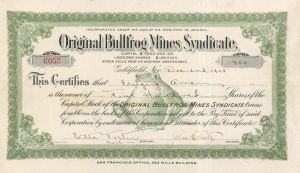 Original Bullfrog Mines Syndicate - 1905 Stock Certificate
