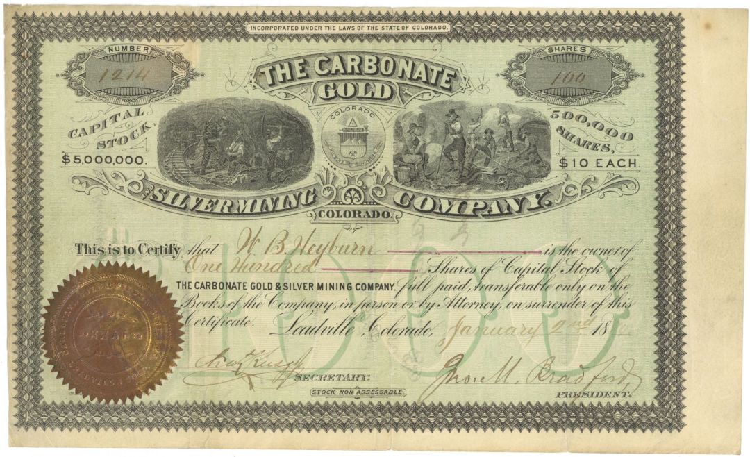 Carbonate Gold and Silver Mining Co. - 1880 dated Colorado Mining Stock Certificate