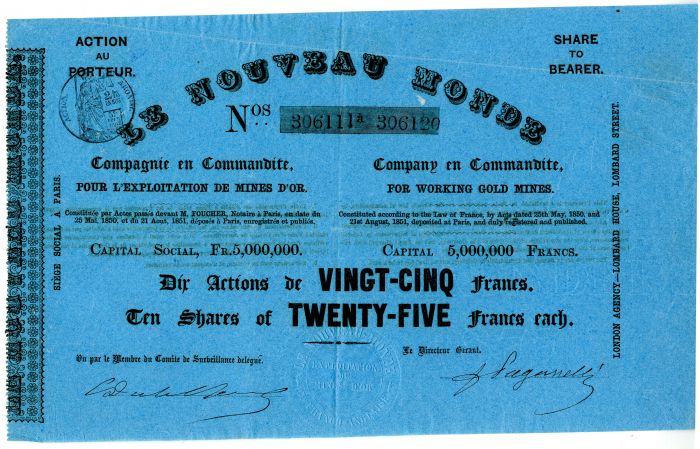 Le Nouveau Monde - Stock Certificate