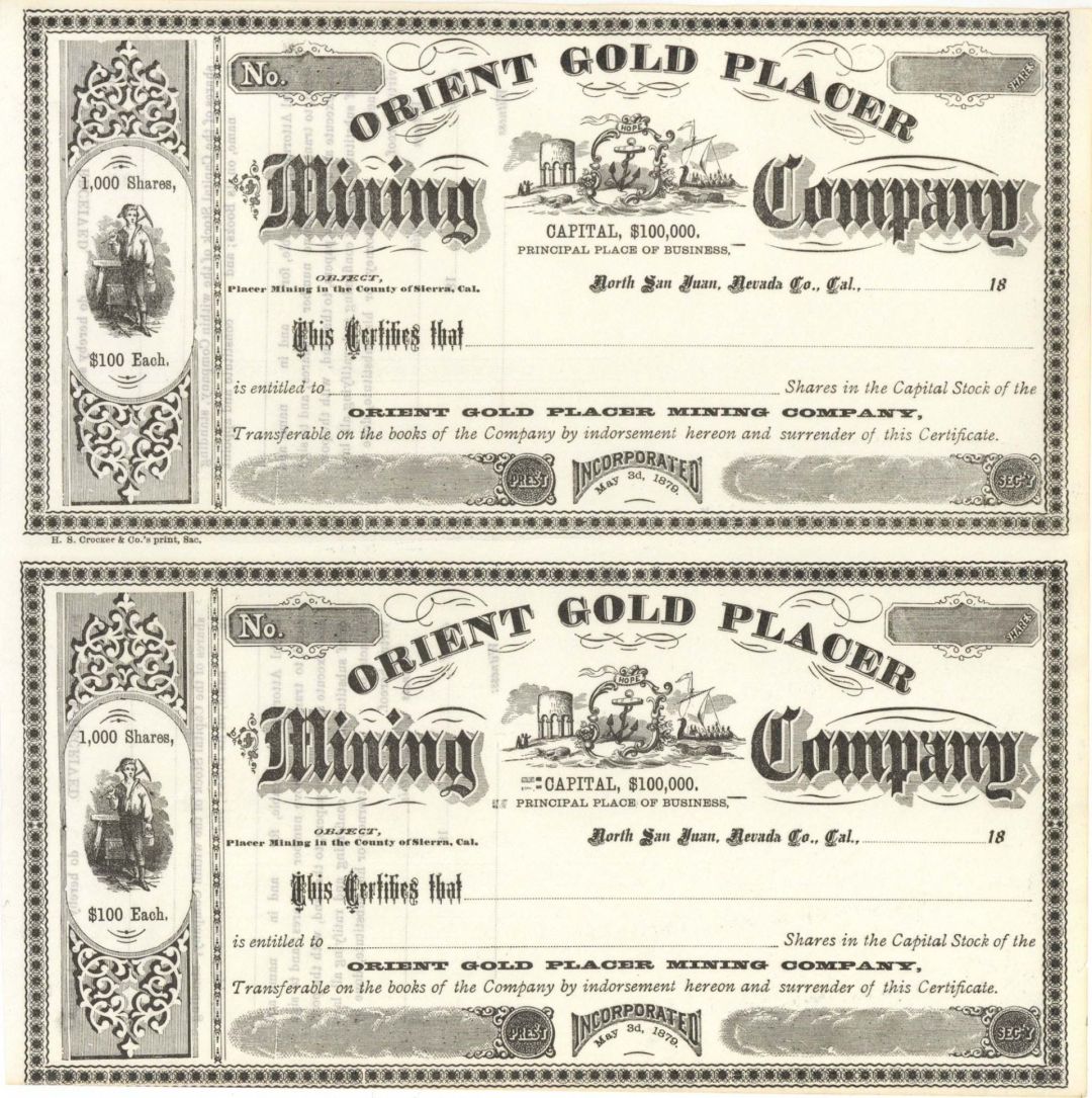 Orient Gold Placer Mining Co. - Uncut Sheet of 2 Unissued Stock Certificates