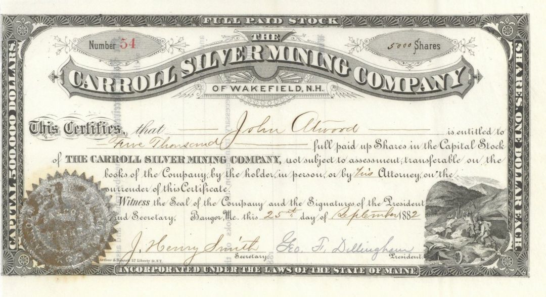 Carroll Silver Mining Co. of Wakefield, N.H. - New Hampshire Mining Stock Certificate