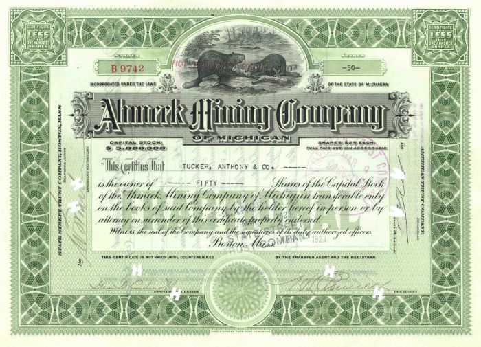 Ahmeek Mining Co. of Michigan - Beaver Vignette Stock Certificate
