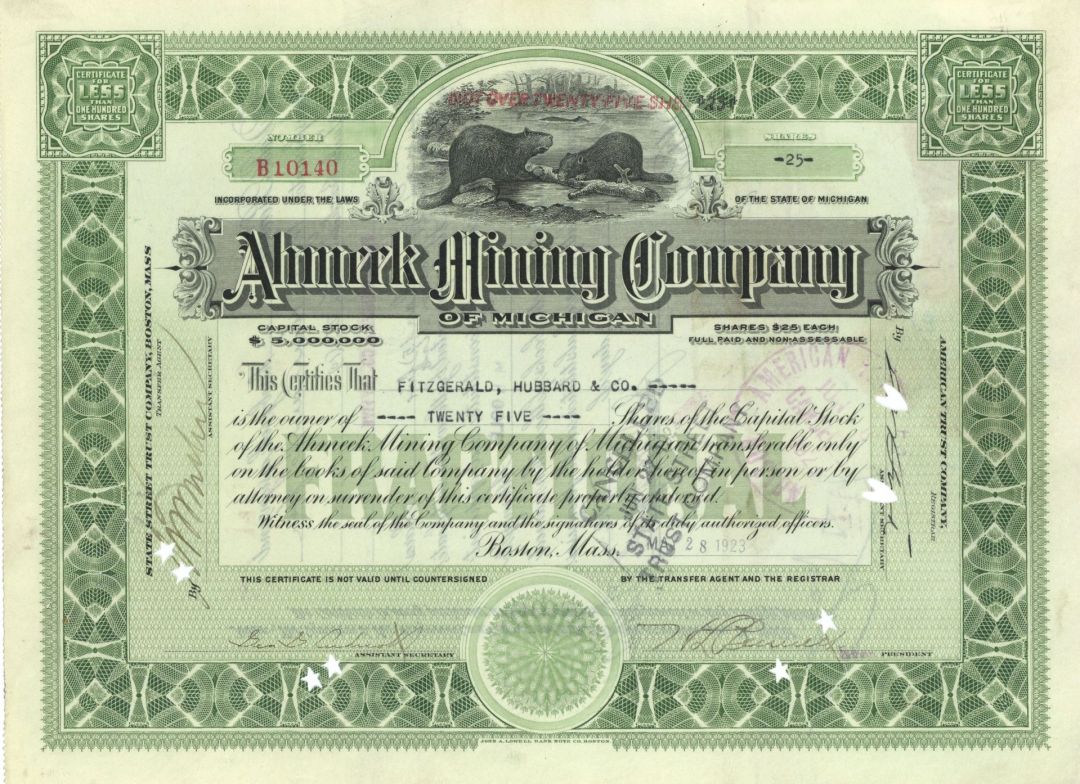 Ahmeek Mining Co. of Michigan - Beaver Vignette - 1915-1923 dated Michigan Mining Stock Certificate