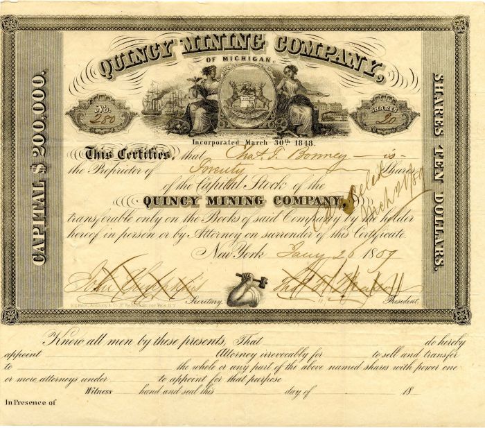 Quincy Mining Co. of Michigan - Stock Certificate