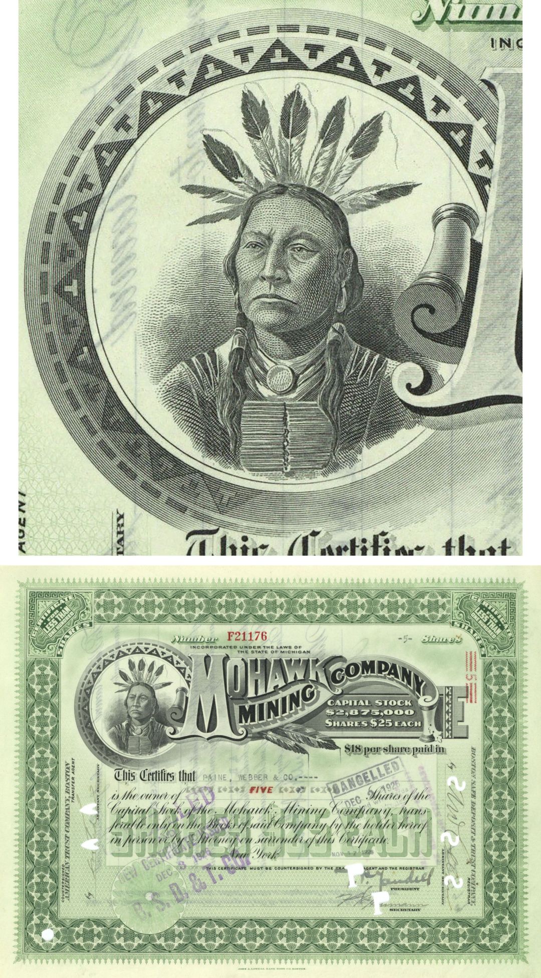 Mohawk Mining Co. - Beautiful Indian Vignette - 1912-1929 dated Michigan Mining Stock Certificate