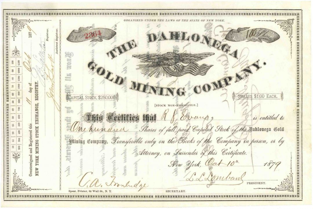 Dahlonega Gold Mining Co. - 1879-80 dated Georgia Mining Stock Certificate - Dahlonega Coin Mint History