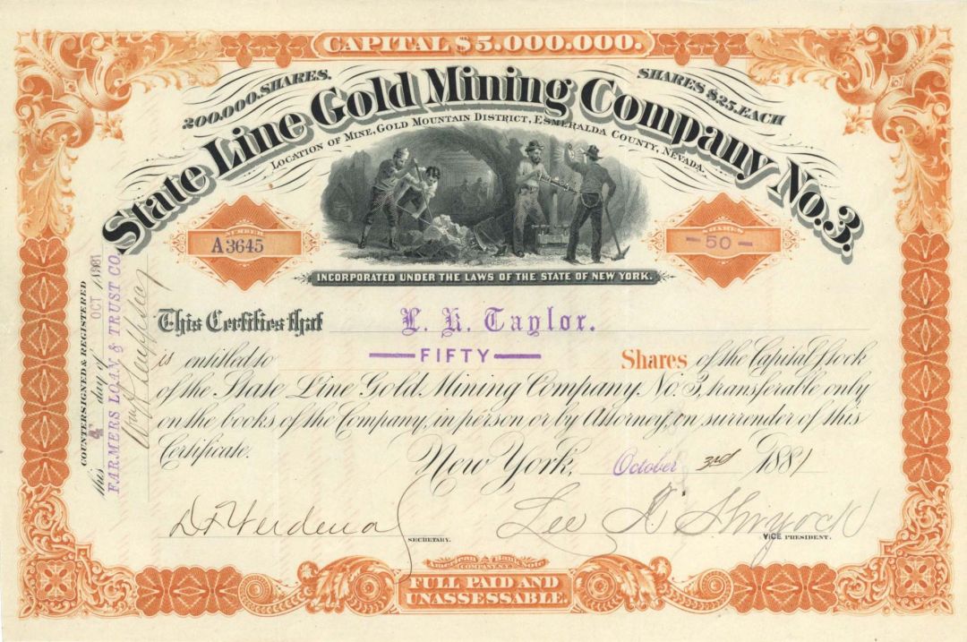 State Line Gold Mining Co. No. 3 - 1881 dated Stock Certificate