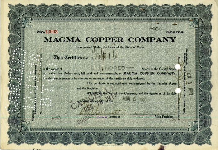 Magma Copper Co. - 1910's-20's Arizona Mining Stock Certificate